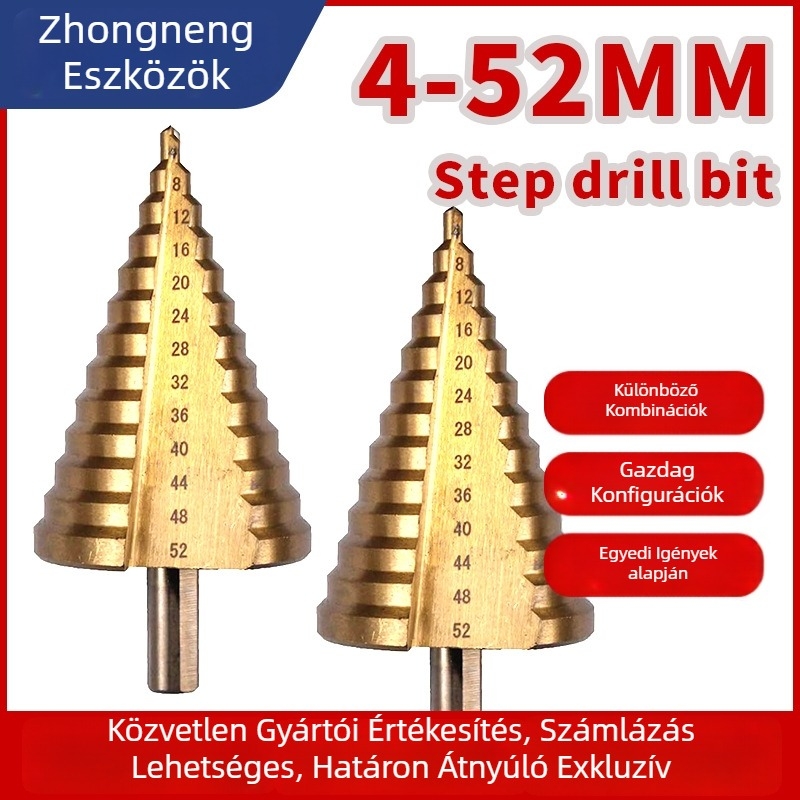 HSS pagoda stílusú lépcsőfúró titan bevonattal, egyenes hornyával, lemezfúráshoz
