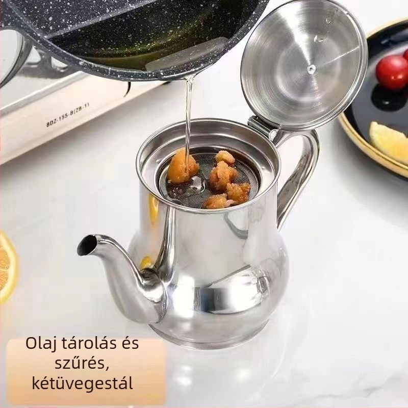 Rozsdamentes acél olajtartó, szivárgásmentes kiöntő és szűrő a konyhának