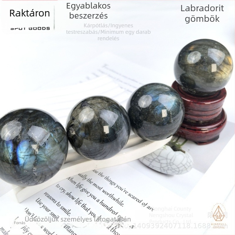 Labradorit kristálygömb dísz hétcsillagos elrendezéssel, feng shui otthoni dekoráció