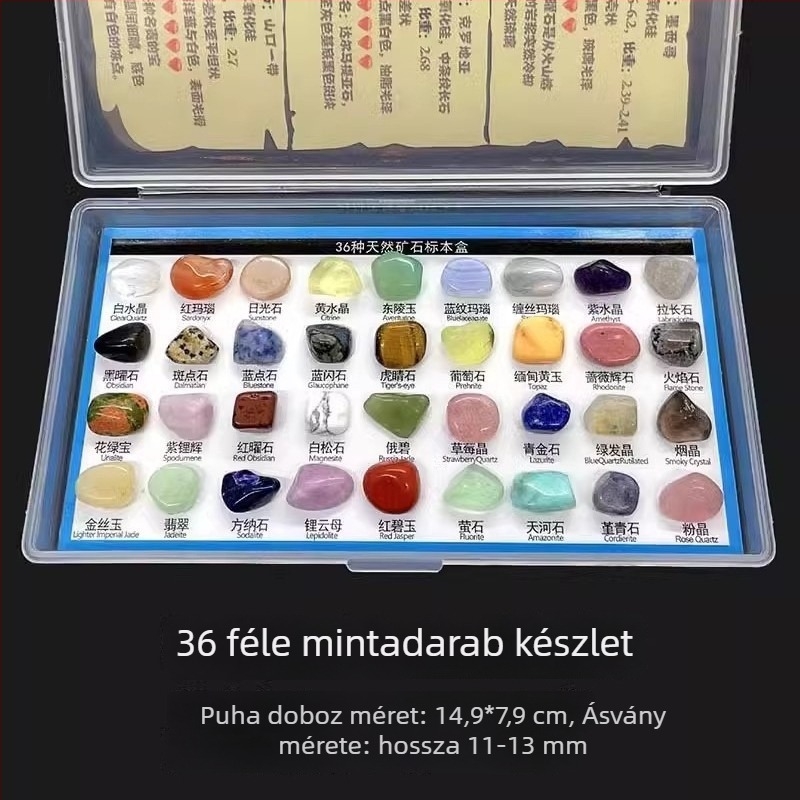36 féle természetes kristály mintája megjelenítő dobozban — oktatáshoz és díszítéshez, függő ékszerként, ajándék gyerekeknek