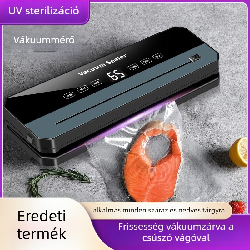 Vákuumzáró gép vágó típusú, modell B, ABS ház; funkciók: vákuum és műanyag tömítés; teljesítmény 120W, feszültség 220V