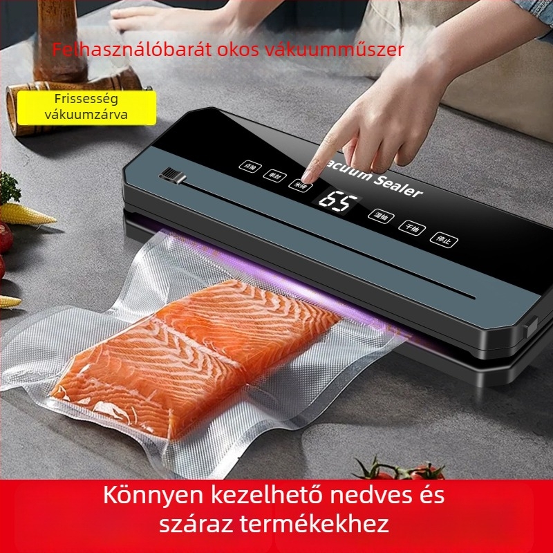 Vákuumzáró gép vágó típusú, modell B, ABS ház; funkciók: vákuum és műanyag tömítés; teljesítmény 120W, feszültség 220V