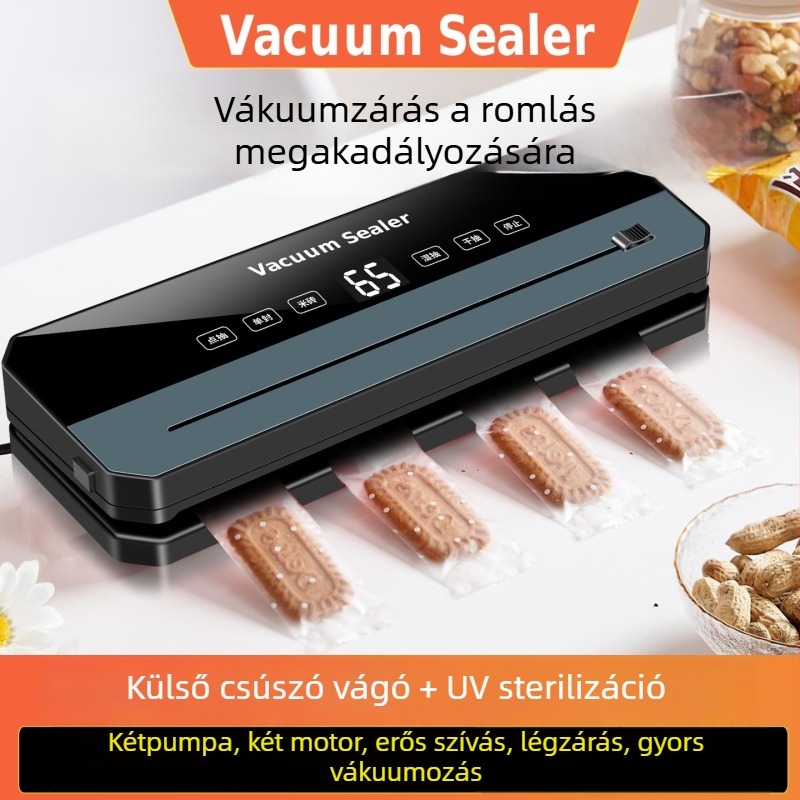 Vákuumzáró gép vágó típusú, modell B, ABS ház; funkciók: vákuum és műanyag tömítés; teljesítmény 120W, feszültség 220V