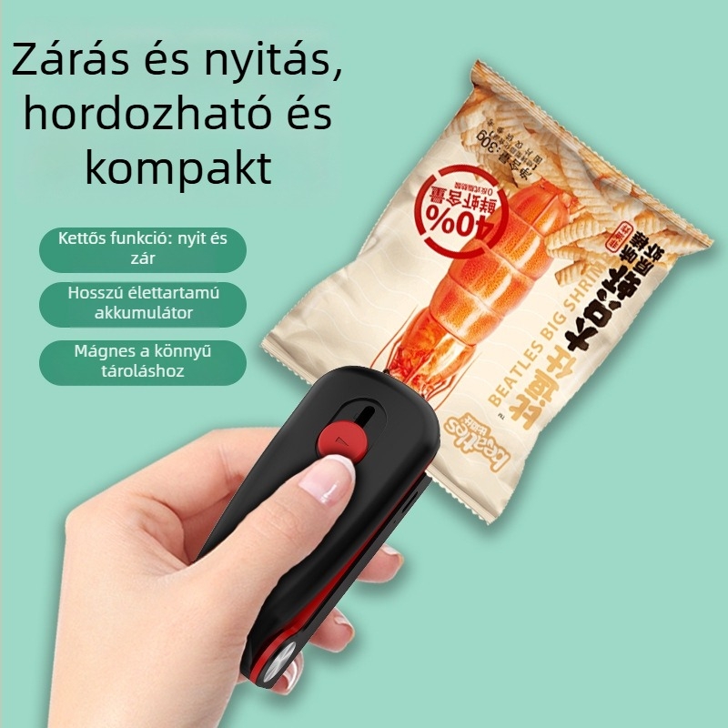 Mini élelmiszer zacskó záró készülék, háromfokozat hőmérséklet-szabályozás, beépített akkumulátor, ABS műanyag ház, modell YP-801