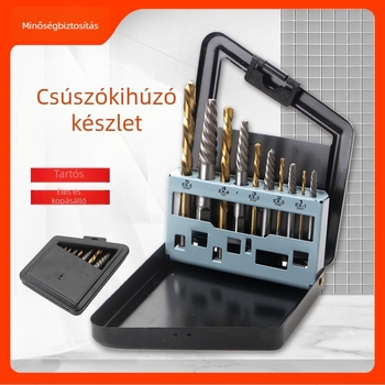 10 darabos csavarextractor-készlet fémdobozban, kombinált készlet csavarok eltávolítására és fúrófejek kivonására