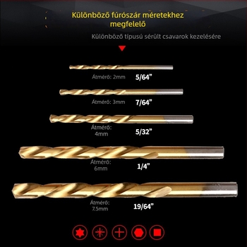 10 darabos csavarextractor-készlet fémdobozban, kombinált készlet csavarok eltávolítására és fúrófejek kivonására