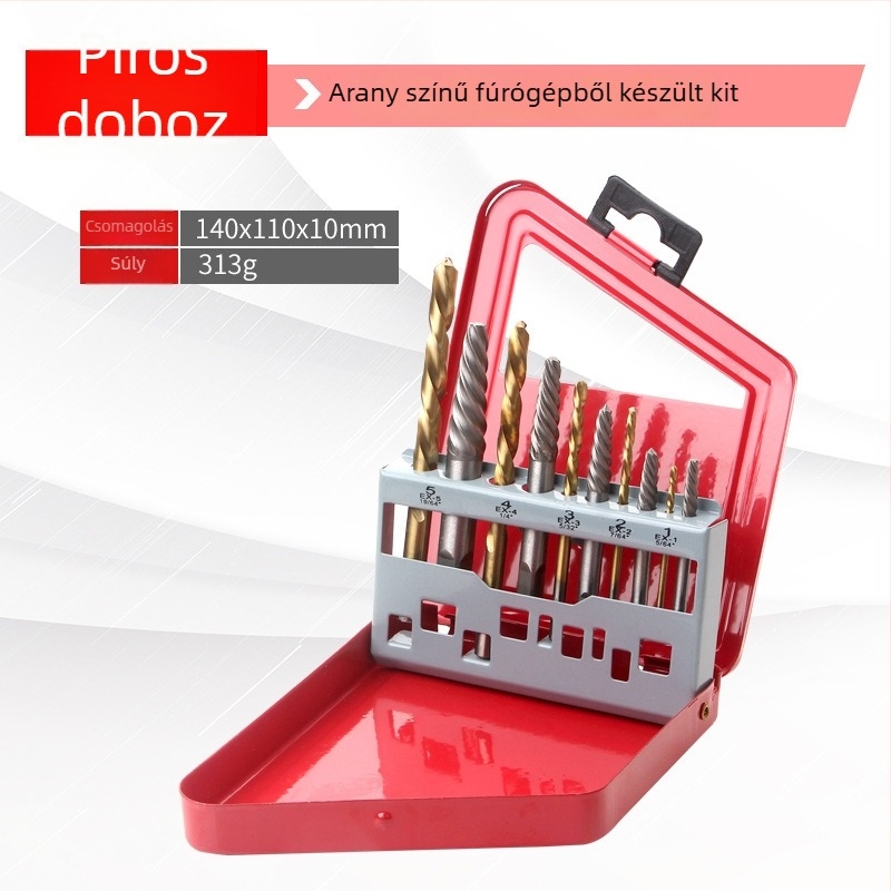 10 darabos csavarextractor-készlet fémdobozban, kombinált készlet csavarok eltávolítására és fúrófejek kivonására