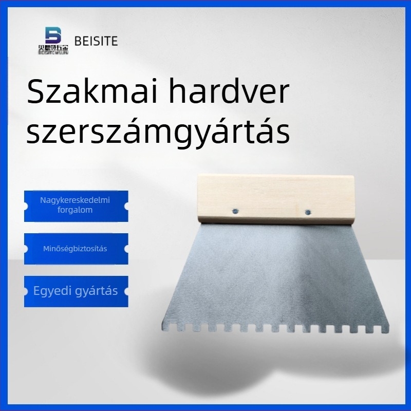 BST-030 Csempézéshez készült spatula rozsdamentes acél alapú és fa nyéllel – négyzet alakú fogak 4x4/6x6/10x10