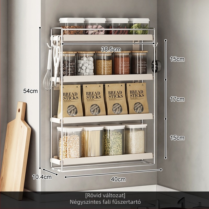 Fűszertartó, falra szerelhető, fúrás nélküli telepítés, szénacél, modern minimalist stílus.
