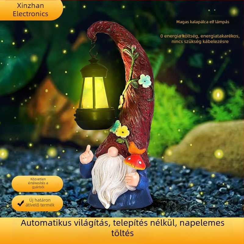 Napelemes manó lámpa kültéri kerthez, gyanta dekoráció, modell Xz046 Hosszú sapkás manó lámpa
