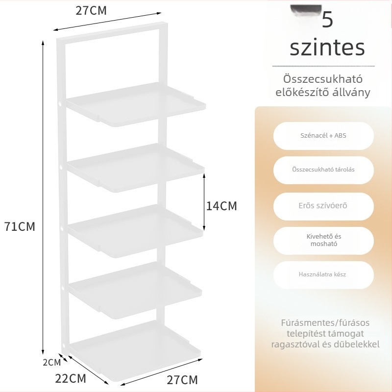 Összecsukható, falihoz rögzített konyhai tárolóállvány, többszintes sarokpolc fűszereknek, edényeknek és evőeszközöknek.