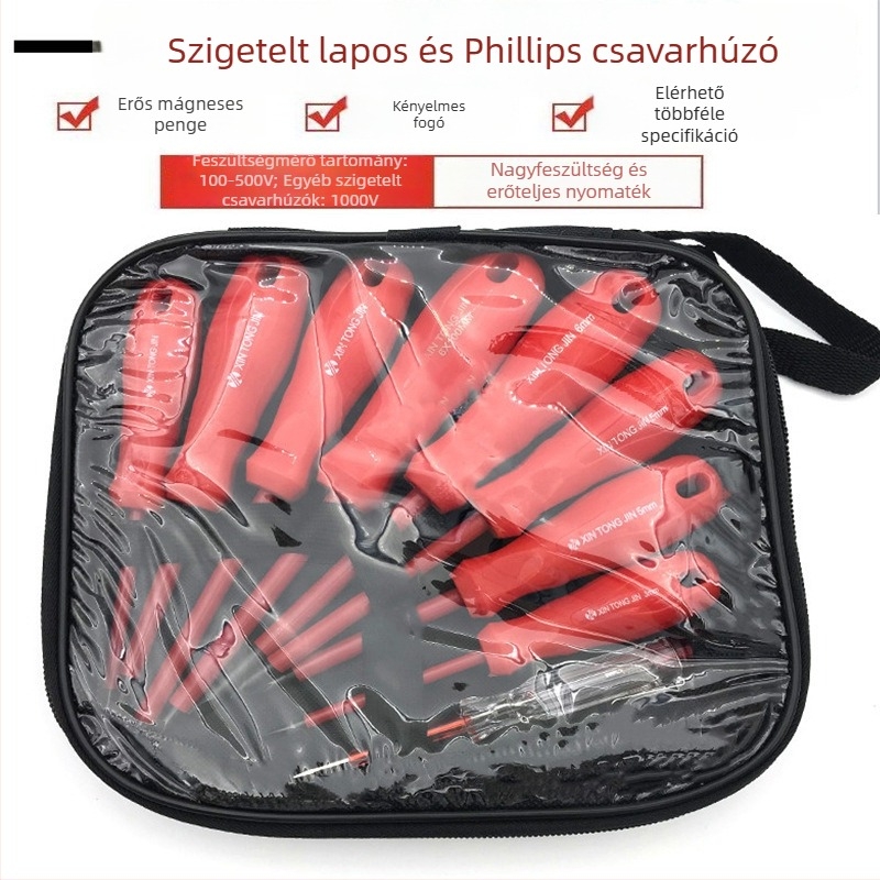 Szigetelt csavarhúzó készlet villanyszerelőknek, mágneses csúcsokkal, Phillips és egyenes fej, 9 darabos, szénacélból