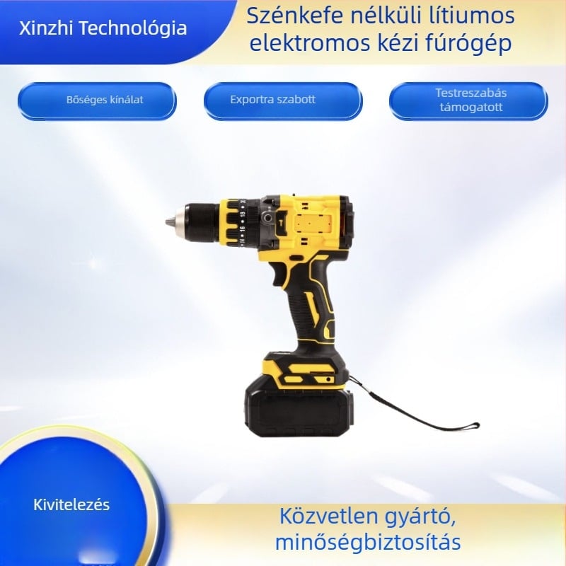  Brushless motoros, akkumulátoros 18–21V-es ütőfúró pisztolymarkolattal, 3-ágú patronnal, állítható szög