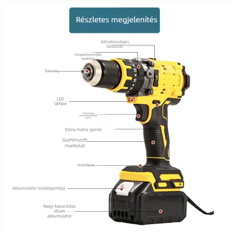  Brushless motoros, akkumulátoros 18–21V-es ütőfúró pisztolymarkolattal, 3-ágú patronnal, állítható szög