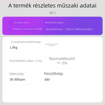 Automatikus záródású elektromos csavarhúzó intelligens adagolással, újratölthető Li-ion akkumulátor, 220V, hex fejű csavarokhoz kompatibilis