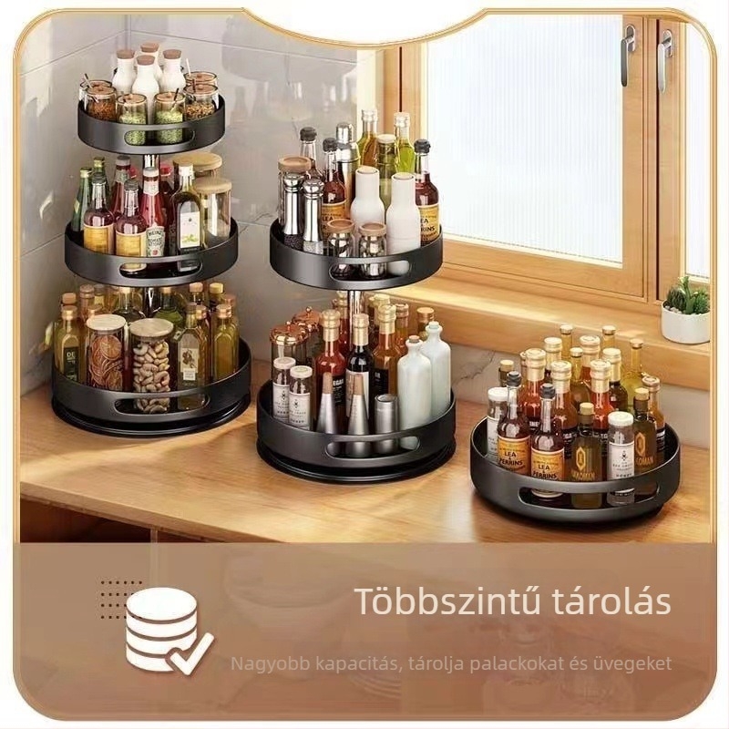 Forgó fűszerdoboz és kör alakú tároló, konyhához és fürdőszobához, szénacélból; többfunkciós, mozgatható, szerelés nélkül.