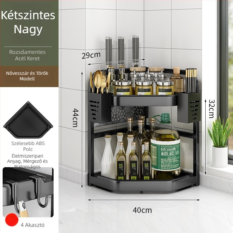 Konyha sarok tároló állvány fűszerekhez, késekhez és evőpálcikákhoz — lyukmentes, szénacél, háromszög alakú asztali állvány, modern stílus