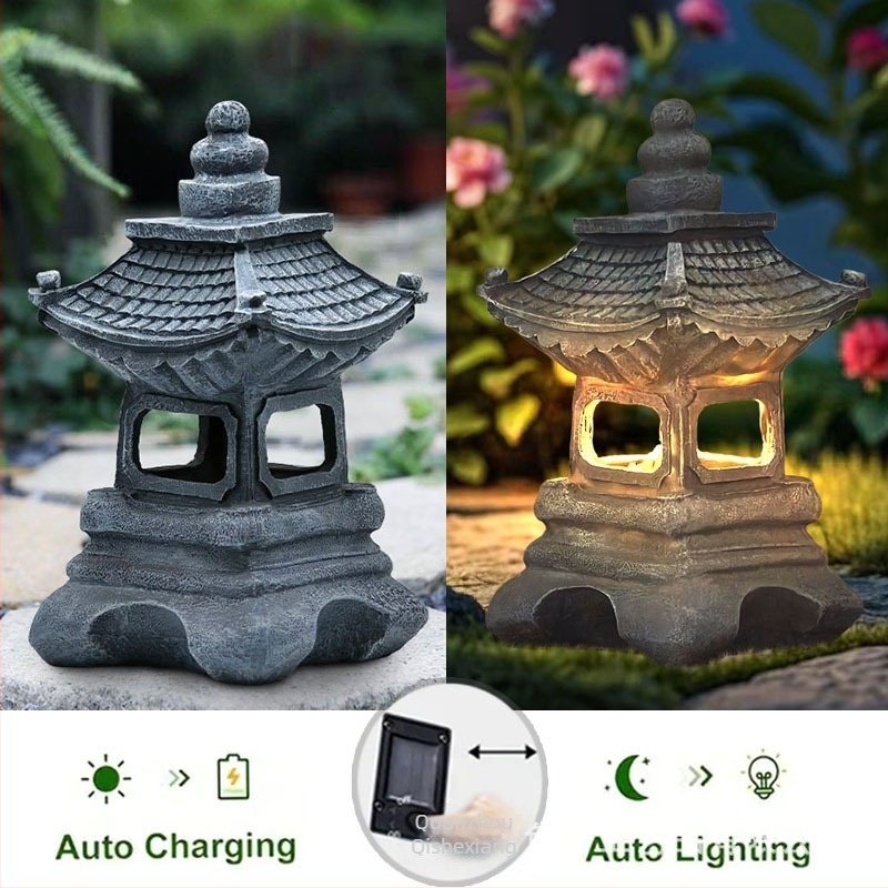 Napelemes kerti lámpa – Zen kőtorony, gyanta dekoráció