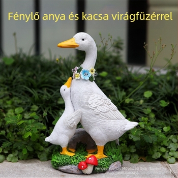 Napelemmel működő kertészeti szobor: anya és kacsák — kézzel készített, pasztorális stílusú műgyantából