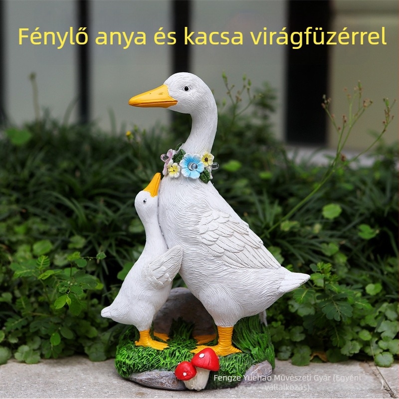 Napelemmel működő kertészeti szobor: anya és kacsák — kézzel készített, pasztorális stílusú műgyantából
