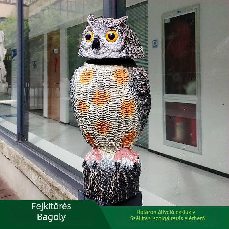 Kültéri bagoly kert dísze fej mozgató funkcióval, madár- és egérriasztásra, PE anyagból, pásztor-stílus