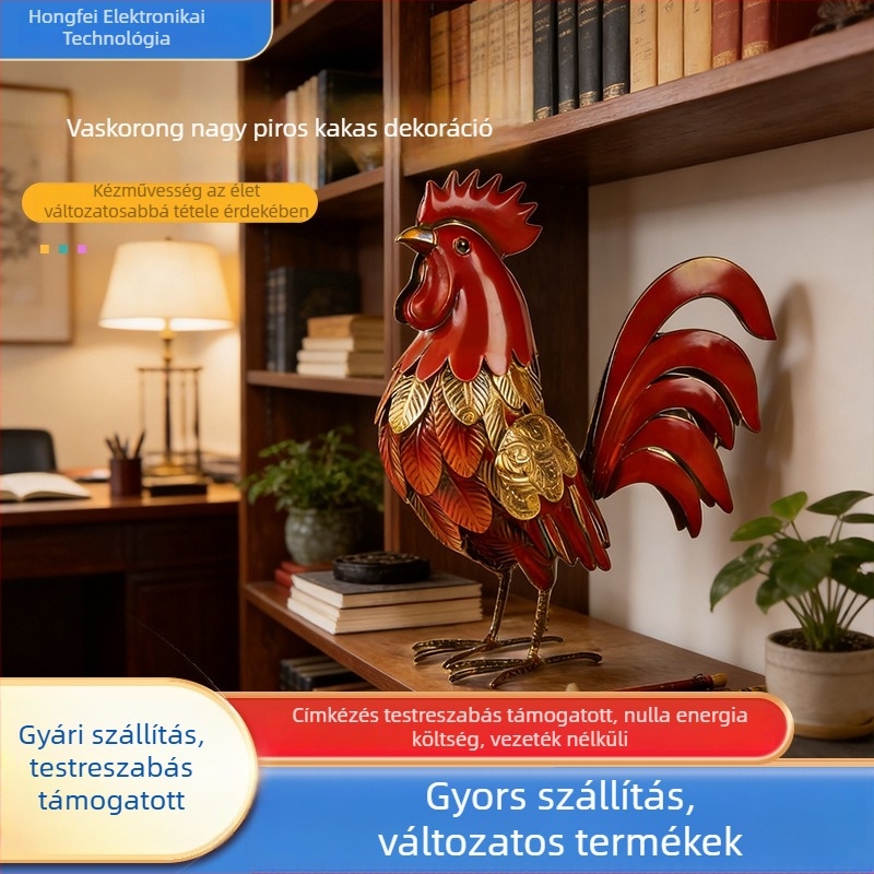 Kerti kakas dísz finom vasból, pásztorális stílus, színes felületkezelés, állatmotívum, Hongfeisi