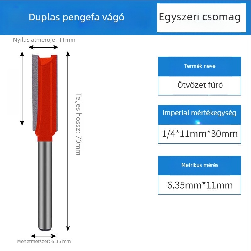Kétfunkciós csatornázó marófej fához, 11 mm vágóátmérő, 2 élezés, Ø szár 6,35 mm, maximális vágási mélység 30 mm