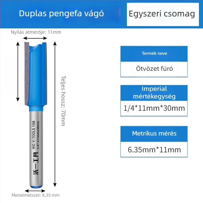 Kétfunkciós csatornázó marófej fához, 11 mm vágóátmérő, 2 élezés, Ø szár 6,35 mm, maximális vágási mélység 30 mm