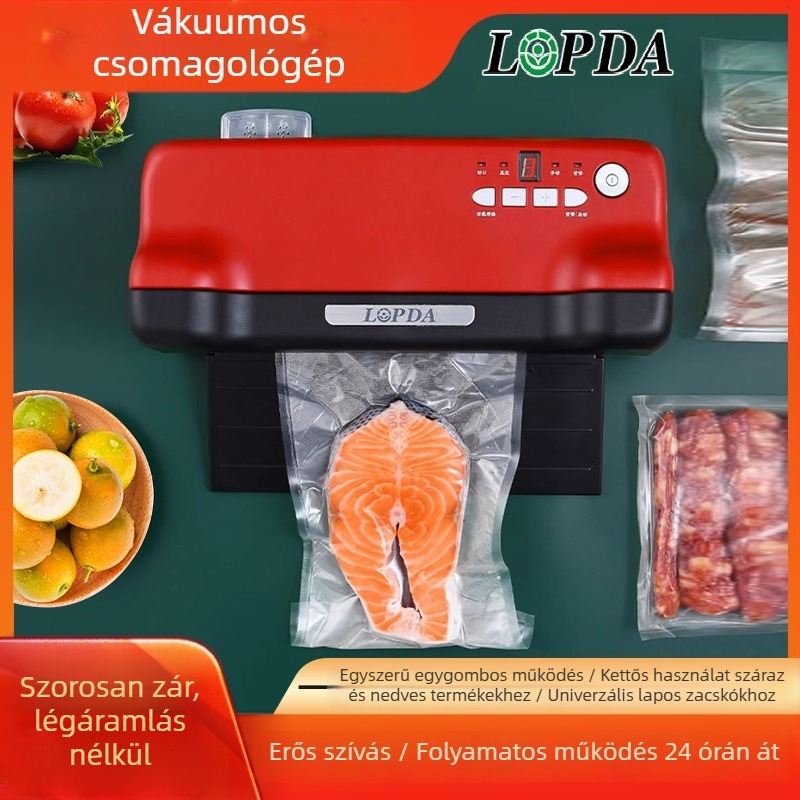 Kompakt otthoni vákuumcsomagoló gép száraz és nedves élelmiszerekhez — vákuum és zárás, modell LPD2704, 150W, 220V, ABS/430 rozsdamentes acél