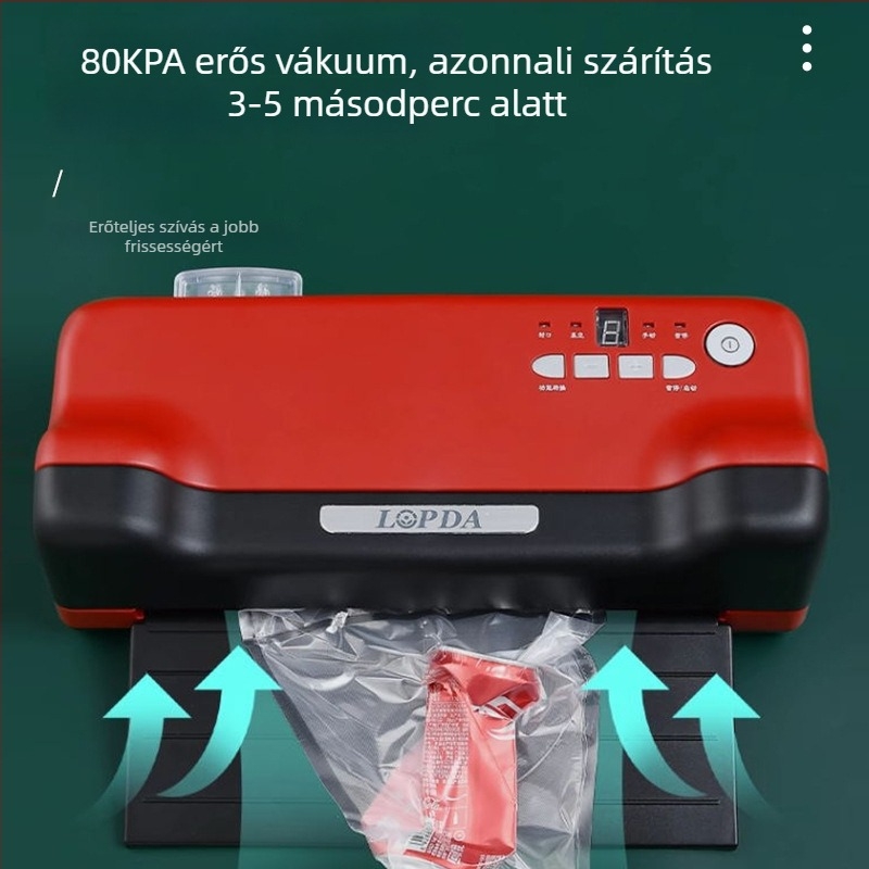 Kompakt otthoni vákuumcsomagoló gép száraz és nedves élelmiszerekhez — vákuum és zárás, modell LPD2704, 150W, 220V, ABS/430 rozsdamentes acél