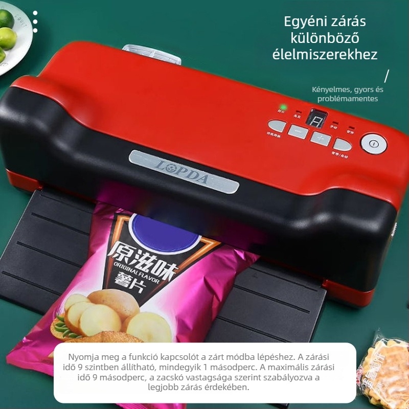 Kompakt otthoni vákuumcsomagoló gép száraz és nedves élelmiszerekhez — vákuum és zárás, modell LPD2704, 150W, 220V, ABS/430 rozsdamentes acél