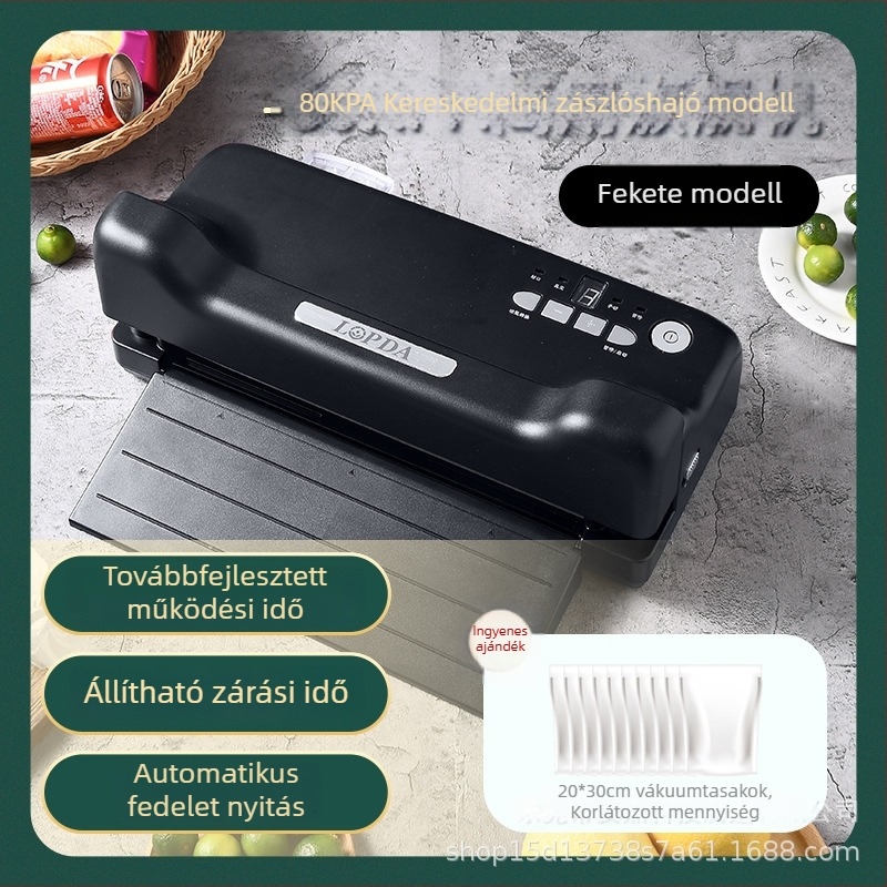 Kompakt otthoni vákuumcsomagoló gép száraz és nedves élelmiszerekhez — vákuum és zárás, modell LPD2704, 150W, 220V, ABS/430 rozsdamentes acél