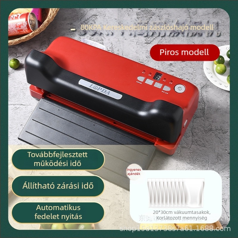 Kompakt otthoni vákuumcsomagoló gép száraz és nedves élelmiszerekhez — vákuum és zárás, modell LPD2704, 150W, 220V, ABS/430 rozsdamentes acél