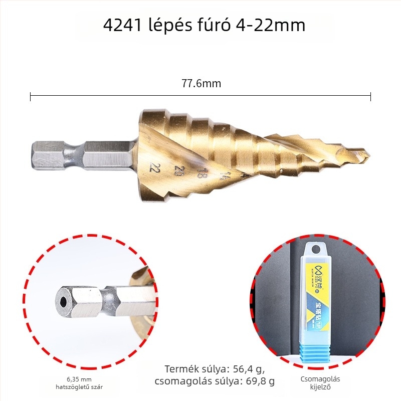 Han Ax 4241 gyorsacél Pagoda fúró, lépcsős furó, hatszögletű szár, konis, rozsdamentes acélhoz