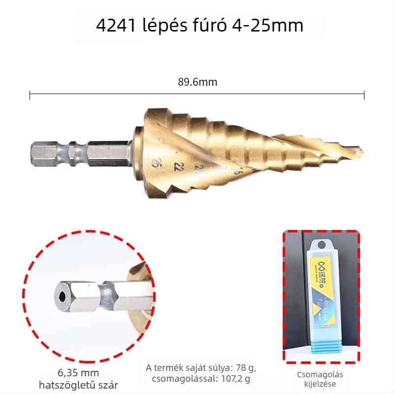 Han Ax 4241 gyorsacél Pagoda fúró, lépcsős furó, hatszögletű szár, konis, rozsdamentes acélhoz
