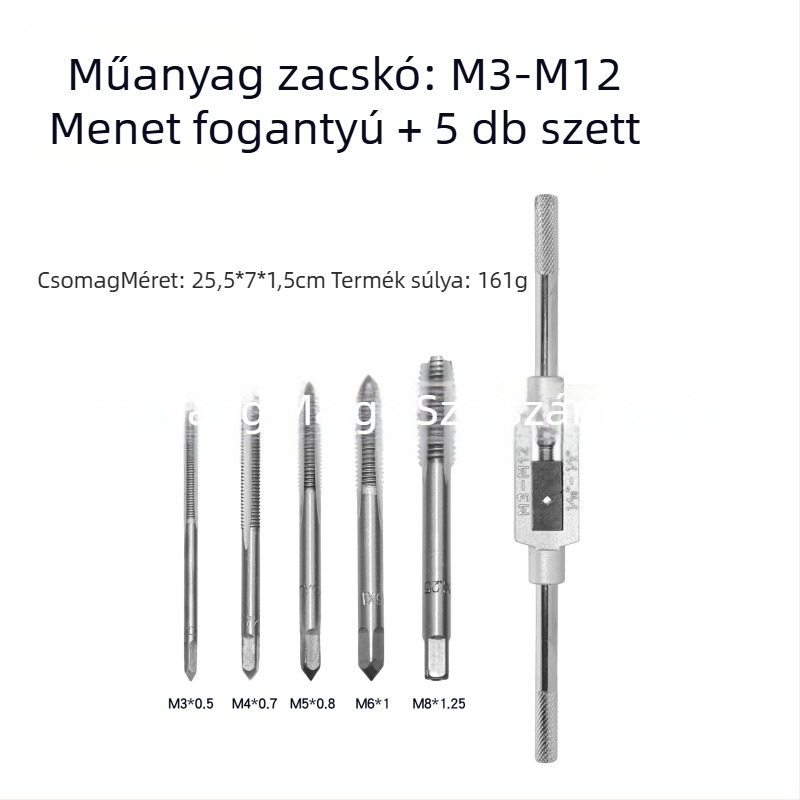 Állítható kézi menetvágó kulcs M3–M12-hez, hosszított kar, készlet menettáblákkal