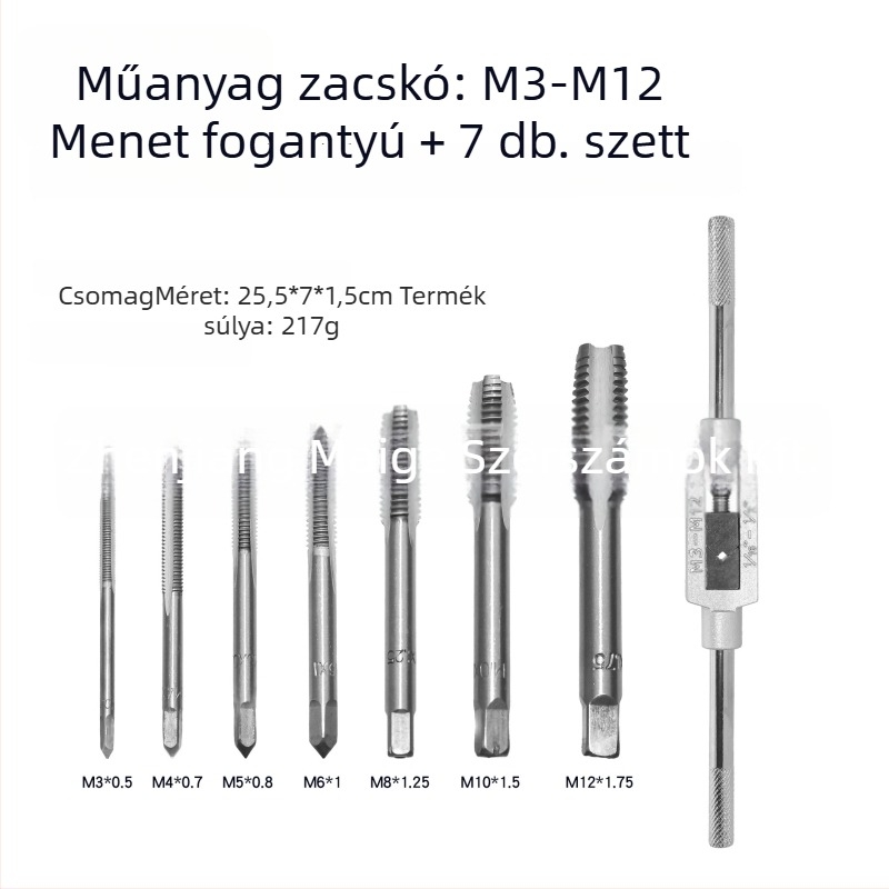 Állítható kézi menetvágó kulcs M3–M12-hez, hosszított kar, készlet menettáblákkal