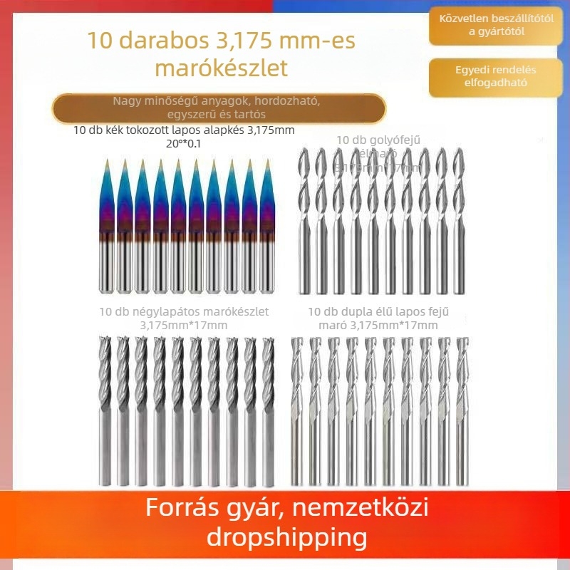 Faanyaghoz, MDF-hez és laminált felületekhez készült maró készlet, 10 db, egyoldalú gömbfejű spirálmaró, CNC gravírozáshoz, szár Ø 3,175 mm