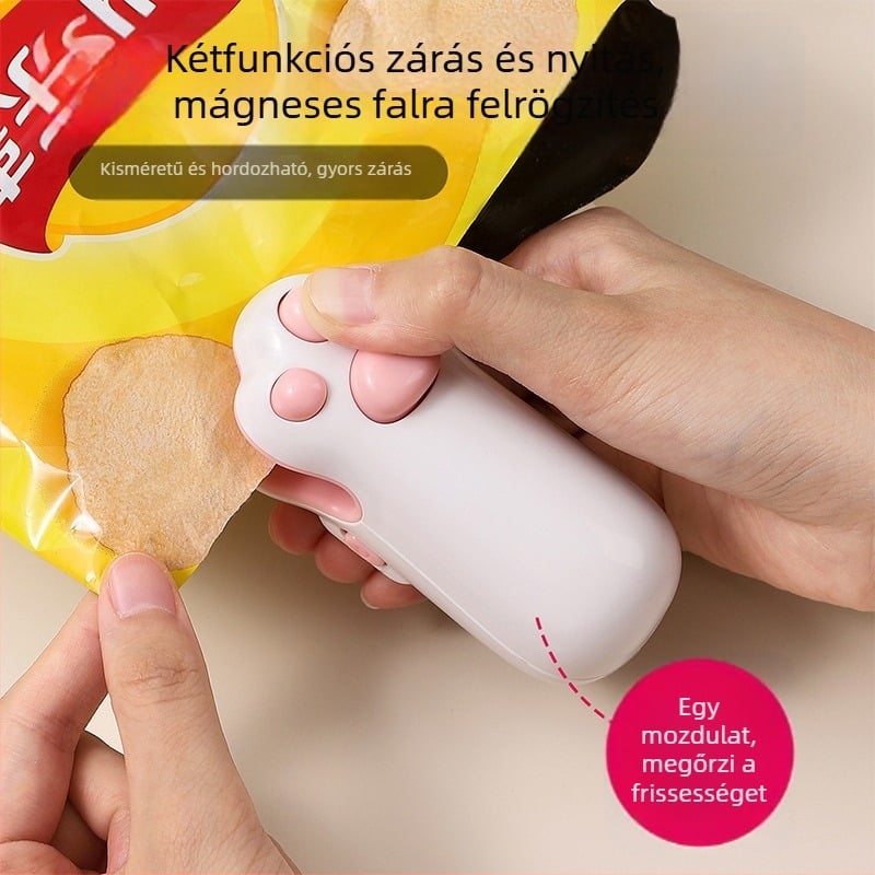 Hordozható mágneses karmás záróeszköz uzsonnás zacskókhoz, kétfunkciós, újratölthető