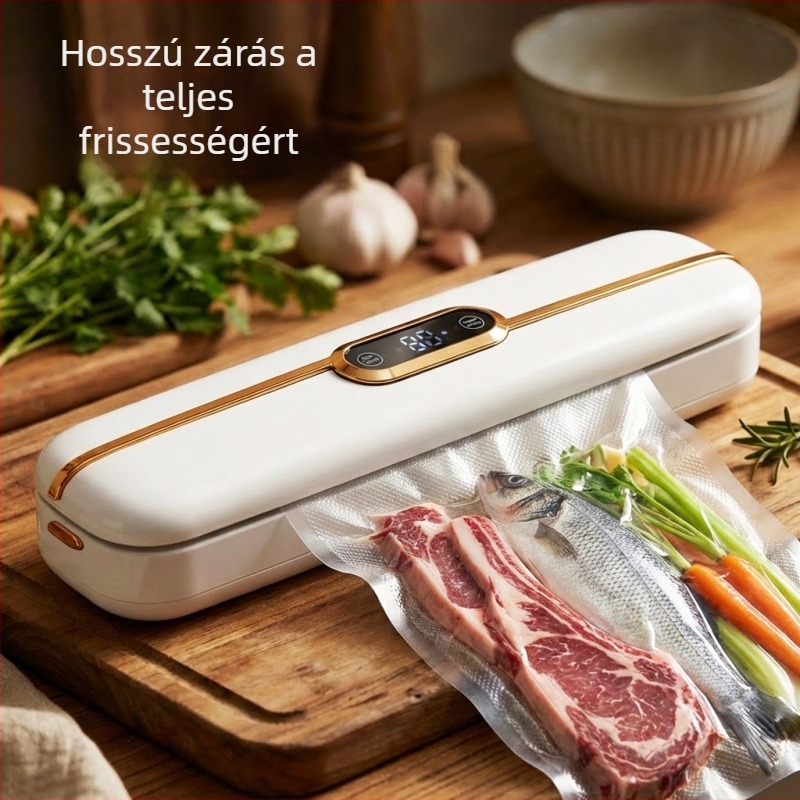 Háztartási vákuumcsomagoló készülék – száraz és nedves kettős használat, erős szívóerő, élelmiszer-minőségű ABS burkolat, modell HP-01, 90W, 220V, kapacitás 500–1000 ml