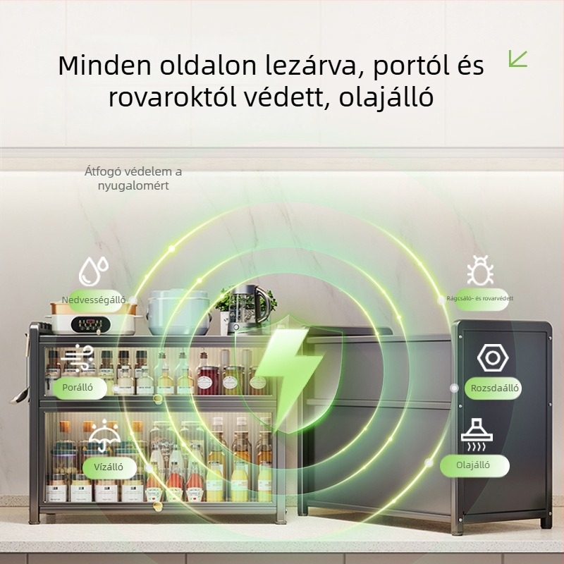 Multifunkcionális konyhai fűszertartó polc fedéllel — porvédő asztali tároló, szénacélból