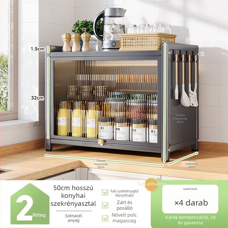Multifunkcionális konyhai fűszertartó polc fedéllel — porvédő asztali tároló, szénacélból