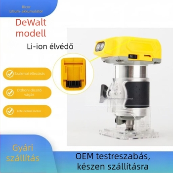 Kefe nélküli vezeték nélküli famegmunkáló eszköz, 18–21V Li-ion akkumulátorral, többfunkciós: fúrás, éllezárás, hornyolás, vájatolás és gravírozás