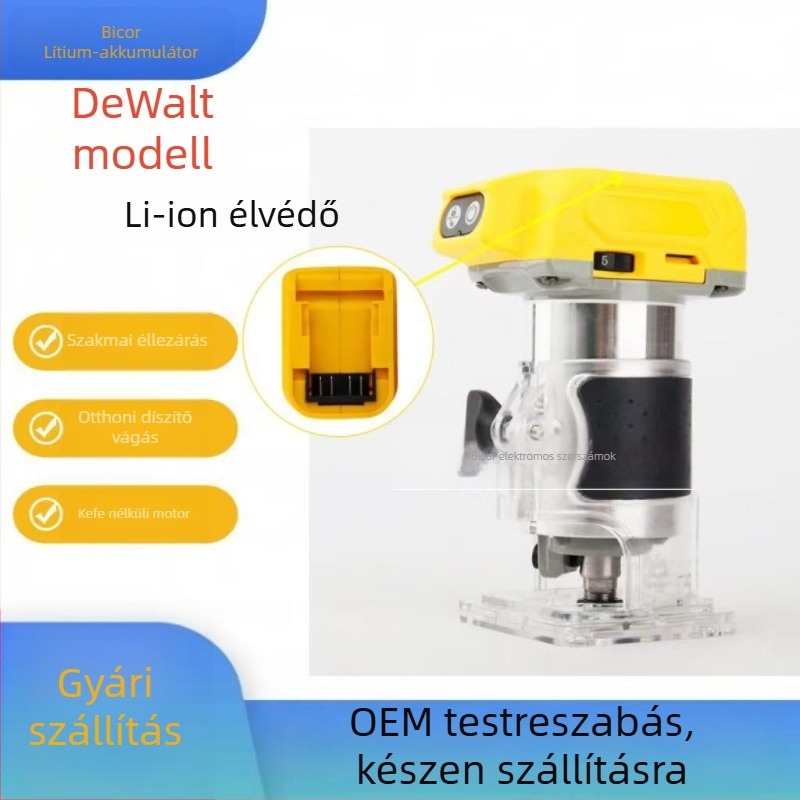 Kefe nélküli vezeték nélküli famegmunkáló eszköz, 18–21V Li-ion akkumulátorral, többfunkciós: fúrás, éllezárás, hornyolás, vájatolás és gravírozás