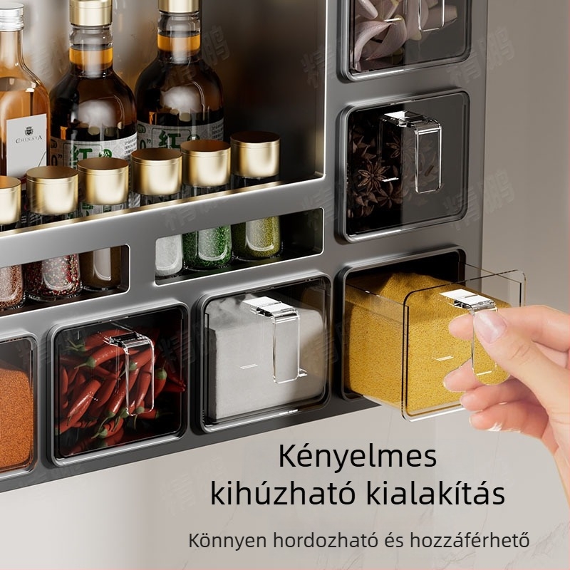 Odyssk karbonacél falra szerelhető fűszertartó polc, fúrás nélkül, modern minimalist stílusban, olaj, só, szósz és ecet számára