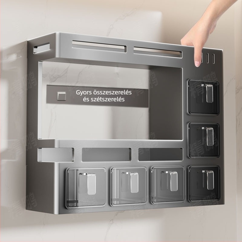 Odyssk karbonacél falra szerelhető fűszertartó polc, fúrás nélkül, modern minimalist stílusban, olaj, só, szósz és ecet számára
