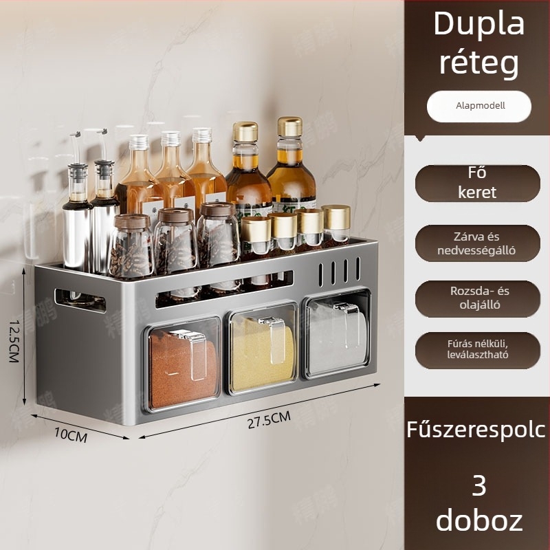 Odyssk karbonacél falra szerelhető fűszertartó polc, fúrás nélkül, modern minimalist stílusban, olaj, só, szósz és ecet számára