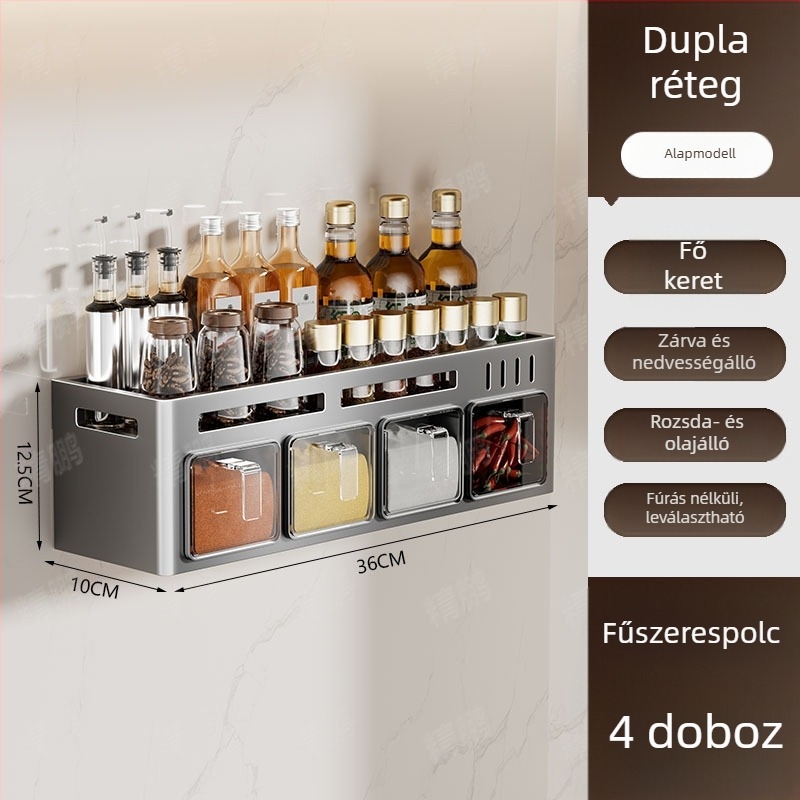 Odyssk karbonacél falra szerelhető fűszertartó polc, fúrás nélkül, modern minimalist stílusban, olaj, só, szósz és ecet számára