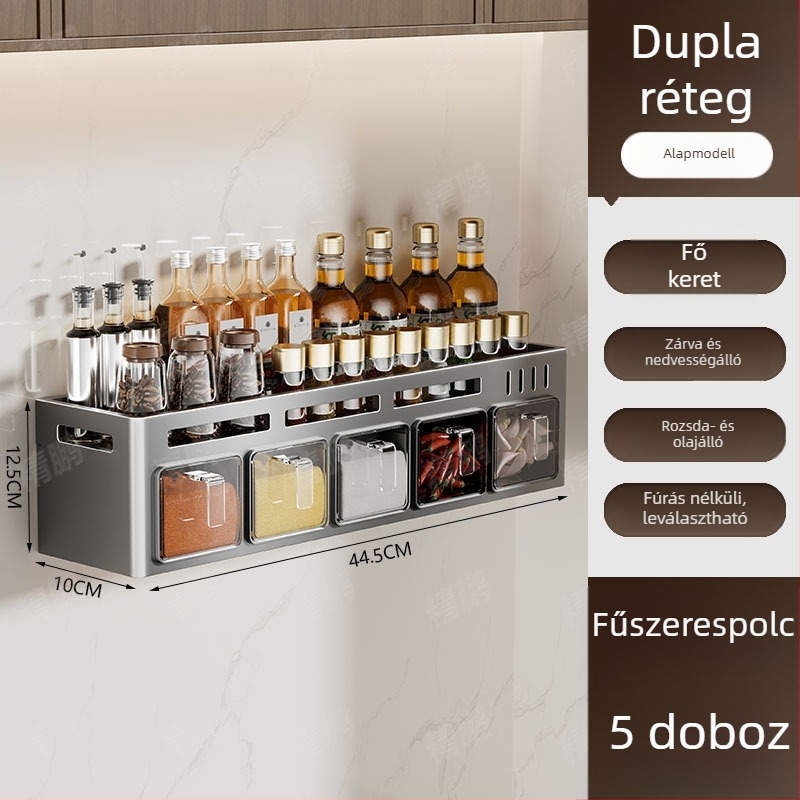 Odyssk karbonacél falra szerelhető fűszertartó polc, fúrás nélkül, modern minimalist stílusban, olaj, só, szósz és ecet számára