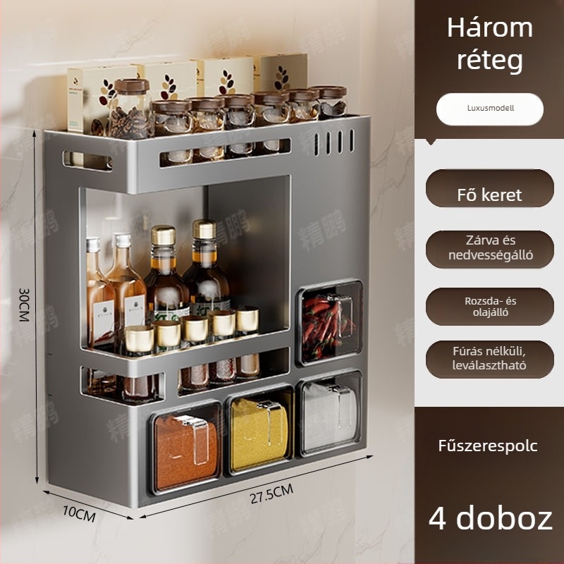 Odyssk karbonacél falra szerelhető fűszertartó polc, fúrás nélkül, modern minimalist stílusban, olaj, só, szósz és ecet számára